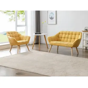 Vente-unique Canapé 2 places et fauteuil en tissu jaune moutarde CASERTA pas cher