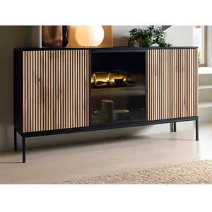 Buffet 3 portes avec LEDs en MDF et verre fumé - VENTE-UNIQUE - OVILA - Noir et Naturel - Contemporain - Design pas cher