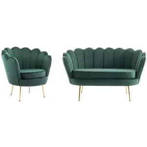 PASCAL MORABITO Canapé 2 places et fauteuil coquillage en velours vert sapin DANDELION pas cher