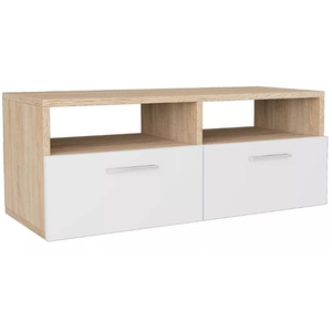 LES TENDANCES Meuble tv 2 portes 2 niches bois chêne clair et blanc chickie l95xh36xp35 pas cher