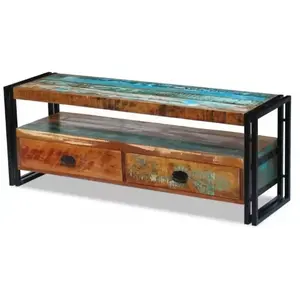 LES TENDANCES Meuble tv 2 tiroirs bois massif recyclé multicolore et métal noir moust 120cm pas cher