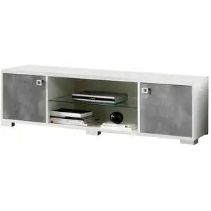 Meuble TV moderne gris béton et blanc brillant Sting 160cm pas cher