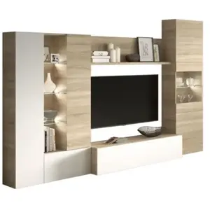 LOOK & FEEL ESSENCIAL Meuble TV avec LED classique blanc brillant et décor chene - L 260 cm TU pas cher