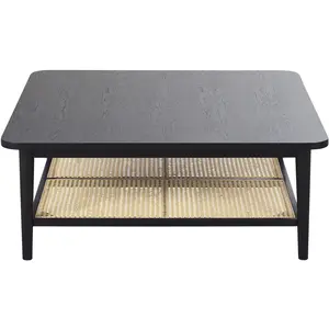 Maisons du Monde Table basse 2 plateaux noire et cannage en rotin L100 pas cher