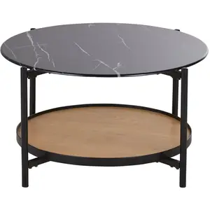 Maisons du Monde Table basse ronde en verre trempé imprimé imitation marbre et métal noir D75 pas cher