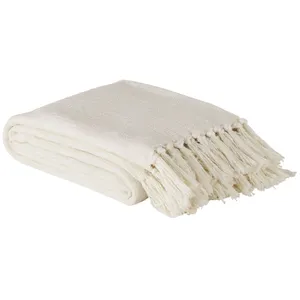 Maisons du Monde Plaid en coton recyclé écru avec pompons 160x210 pas cher