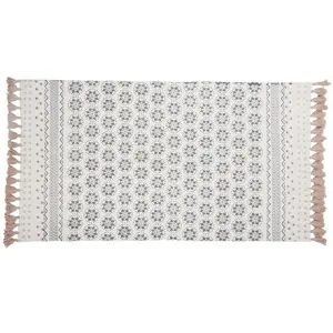 Maisons du Monde Tapis en coton recyclé blanc motifs bleus à pompons 90x150 pas cher