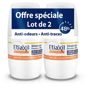 Comparateur de prix : Etiaxil Déodorant Roll-on Douceur Sans Aluminium 48h Peaux Sensibles 2x50ml