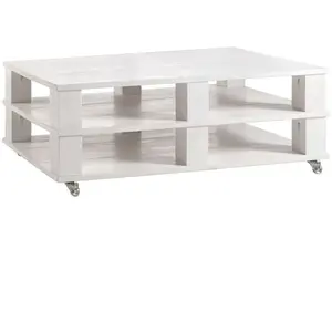 Table basse à roulettes en pin massif PALETTE coloris blanc pas cher