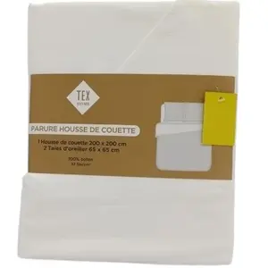 Parue de lit 200x200 cm Blanc 100% Coton Bio Housse de couette + 2 taies d'oreiller 65x65 cm TEX HOME pas cher