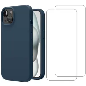 EVETANE Coque iPhone 15 et 2 écrans de protection - Silicone - Bleu pas cher