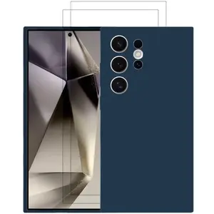 EVETANE Coque Galaxy S24 Ultra et 2 écrans de protection - Silicone - Bleu Marine pas cher