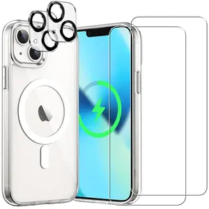 EVETANE Coque Anti-choc Magsafe compatible Iphone 13 Mini Transparente + 2 protections écran et 2 protections objectif caméra pas cher