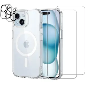 EVETANE Coque Anti-choc Magsafe compatible Iphone 15 Transparente + 2 protections écran et 2 protections objectif caméra pas cher