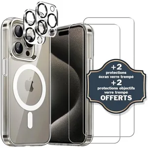 EVETANE Coque Magsafe compatible iPhone 15 Pro Max Transparente + 2 protections écran + 2 protections objectif caméra verre trempé pas cher