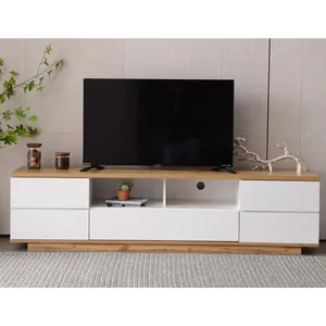 Samlong Meuble TV scandinave contemporain 180 cm pour salon tv en bois 5 portes 8 compartiments naturel blanc pas cher