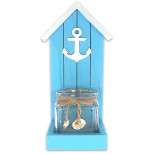 RueDeLaFete Bougeoir Bord de Mer turquoise, en verre et bois 25,5cm pas cher