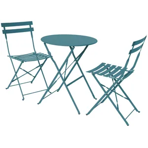 Comparateur de prix : SWEEEK Table de jardin bistrot pliante métal + 2 assises bleu canard Ø60 x 70cm acier thermolaqué