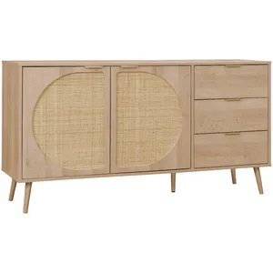 SWEEEK Buffet de rangement. Eva.  décor bois et cannage arrondi. 2 portes 3 tiroirs L 150 x l 39 x H 79cm pas cher