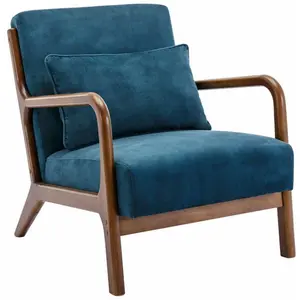 Comparateur de prix : SWEEEK Fauteuil en velours bleu pétrole. pieds bois d'hévéa teinté noyer clair. 1 place droit fixe. pieds compas scandinave