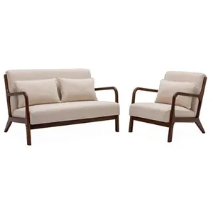 SWEEEK Banquette 2 places + Fauteuil en bois et tissu beige. bois d'hévéa teinté noyer clair pas cher