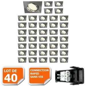 Lampesecoenergie LOT DE 40 SPOT ENCASTRABLE ORIENTABLE LED CARRE ALU BROSSE GU10 230V eq. 50W BLANC CHAUD