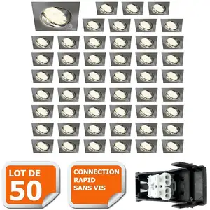 LAMPESECOENERGIE LOT DE 50 SPOT ENCASTRABLE ORIENTABLE LED CARRE ALU BROSSE GU10 230V eq. 50W BLANC CHAUDVendu parcdiscount