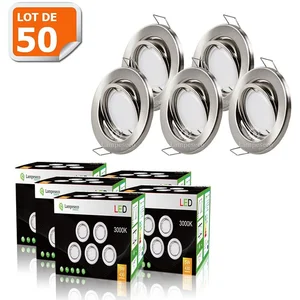 LAMPESECOENERGIE LOT DE 50 SPOT LED ENCASTRABLE COMPLETE ORIENTABLE ALU BROSSE AVEC AMPOULE GU10 230V eq. 50W BLANC CHAUD pas cher