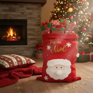 SIROCO Grande Hotte de Noël XL 100x60 cm Sac Cadeaux 3D Brodé "Joyeu... pas cher