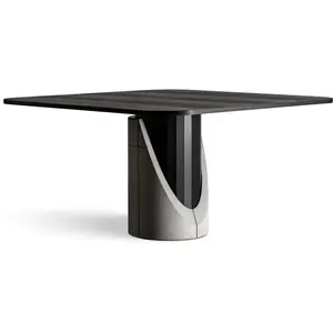 Table 4/6 pers en béton gris, acier et plaqué chêne noir - 140x140cm