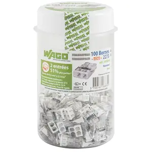Comparateur de prix : Pot de 100 mini bornes de connexion automatique 2 entrées S2273 - WAGO