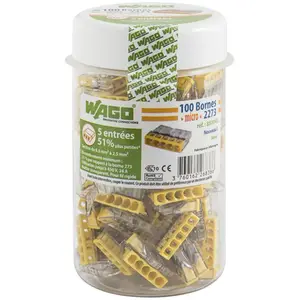 Comparateur de prix : Wago - Pot de 100 mini bornes de connexion automatique 5 entrées S2273