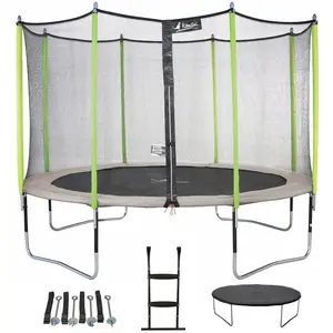 Comparateur de prix : KANGUI Trampoline 430 cm + filet + échelle + bâche + kit d'ancrage JUMPI Taupe/Vert 430
