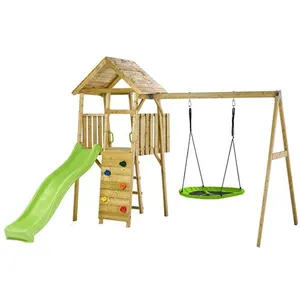 Comparateur de prix : KANGUI Aire de jeux bois woodi - 2 balançoires, toboggan, escalade, cabane