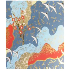 Papier Japonais 52 x 65,5 cm 100 g/m² Grues et cerisiers fond bleu pas cher