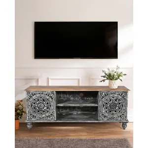 Uniqka-design Lotus - meuble tv cérusé en bois massif de manguier 150 cm