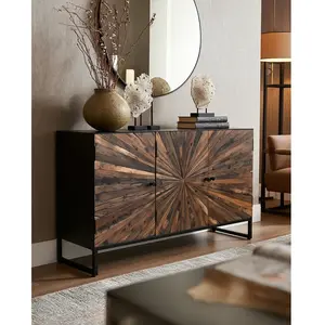 Uniqka-design Mandala - buffet bas 3 portes en teck recyclé et métal noir 145 cm