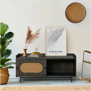 Meuble TV noir porte coulissante en Mindy massif et cannage - Uniqka pas cher