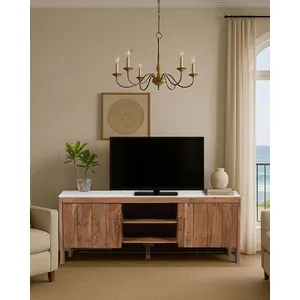 Uniqka-design Havena - meuble tv en bois massif d'acacia et marbre blanc pas cher