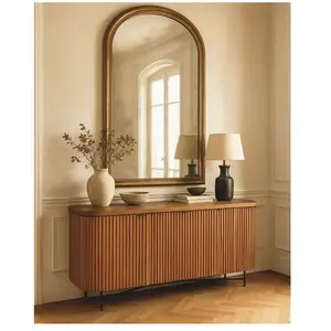 Comparateur de prix : Buffet rétro en bois de teck recyclé et plateau laqué noir - Uniqka