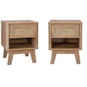SWEEEK Lot de 2 tables de chevet avec 1 tiroir et 1 niche effet bois et cannage. pieds eucalyptus pas cher
