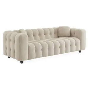 SWEEEK Canapé 3 places en bouclette texturée capitonné beige - structure bois d'eucalyptus et contreplaqué pas cher