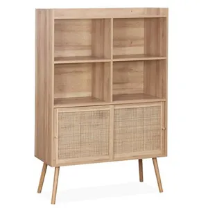 Comparateur de prix : SWEEEK Etagère bibliothèque 5 étagères. 2 portes coulissantes. effet bois et cannage