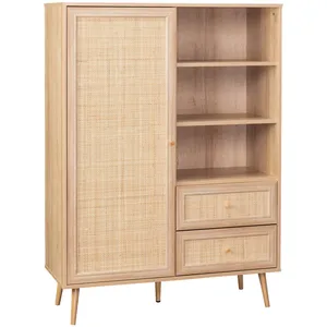 SWEEEK Buffet de rangement cannage et décor bois 1 porte. 2 tiroirs. 6 étagères