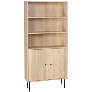 Comparateur de prix : SWEEEK Bibliothèque décor bois rainuré et métal noir 2 portes 5 étagères H170.5cm