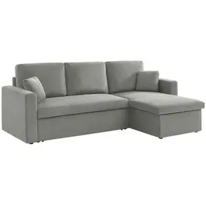 SWEEEK Canapé d'angle convertible en velours côtelé gris clair - IDA - 3 places. fauteuil d'angle réversible coffre rangement lit modulable