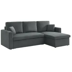 SWEEEK Canapé d'angle convertible en velours côtelé gris foncé - IDA - 3 places. fauteuil d'angle réversible coffre rangement lit