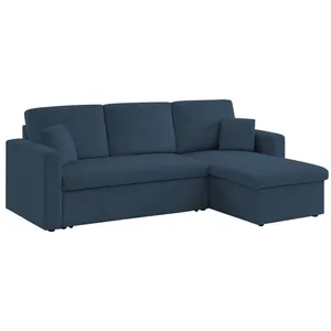 SWEEEK Canapé d'angle convertible en velours côtelé bleu - IDA - 3 places fauteuil d'angle réversible coffre rangement lit modulable pas cher