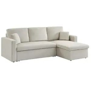 SWEEEK Canapé d'angle convertible en velours côtelé grège - IDA - 3 places fauteuil d'angle réversible coffre rangement lit modulable pas cher