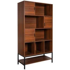 SWEEEK Bibliothèque style vintage en décor noyer et métal noir avec 9 compartiments (3 portes et 5 étagères) pas cher